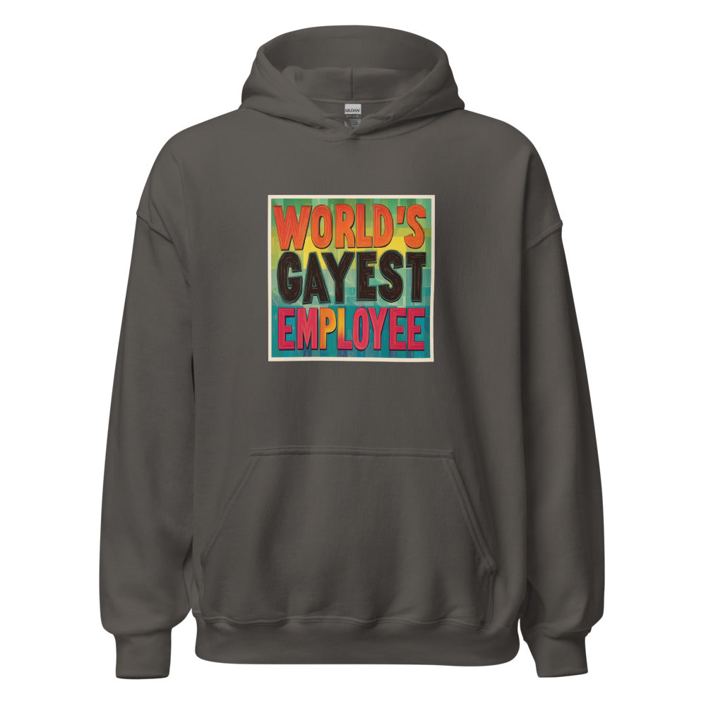WORLD'S GAYEST EMPLOYEE typography Hoodie front view — Wandering With Pride
