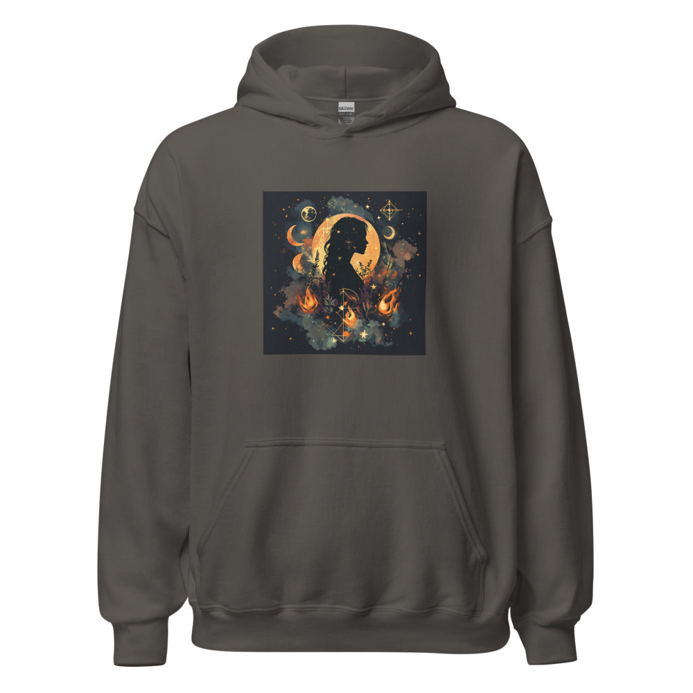 stylized illustration of a woman's profile with crescent moon, stars, flames, and leaves Hoodie front view — Wandering With Pride