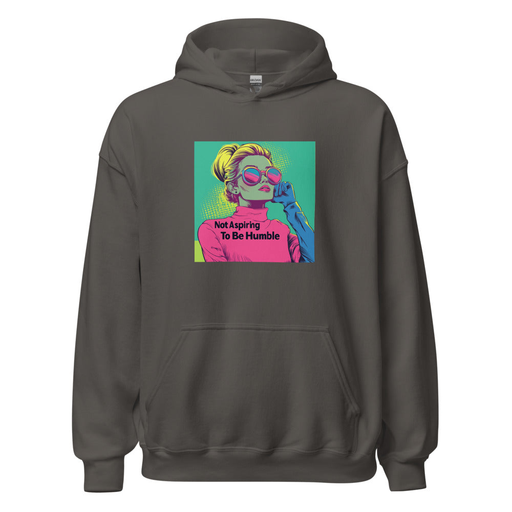 Woman with 1950s-60s elegance, eyes closed, hand on face, holding 'Not Aspiring To Be Humble' typography Hoodie front view — Wandering With Pride