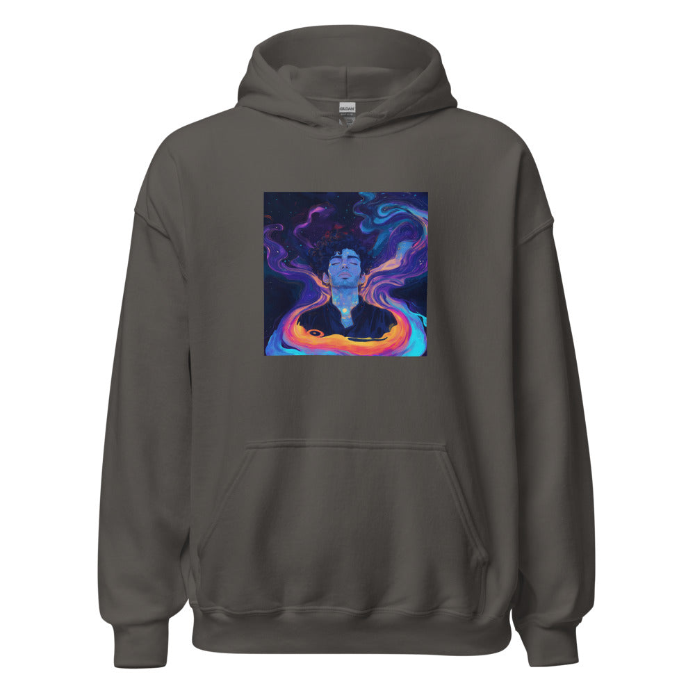 meditating figure with swirling colorful aura illustration Hoodie front view — Wandering With Pride