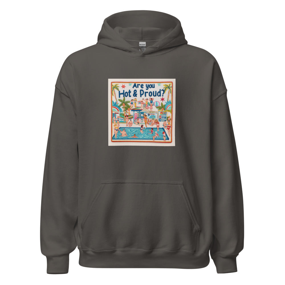beach scene illustration with slogan 'Are you hot and proud?' Hoodie front view — Wandering With Pride