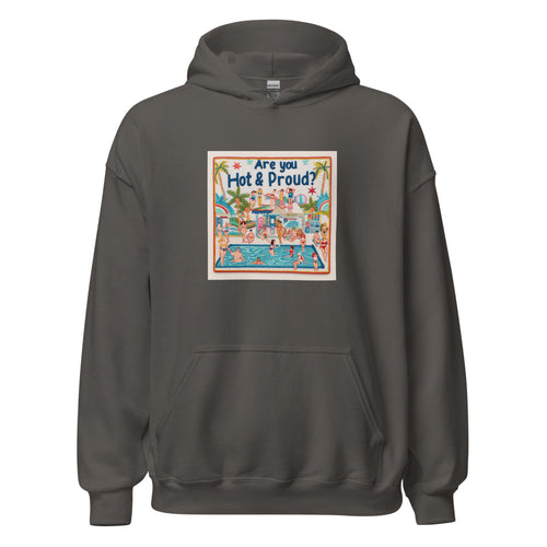 beach scene illustration with slogan 'Are you hot and proud?' Hoodie front view — Wandering With Pride