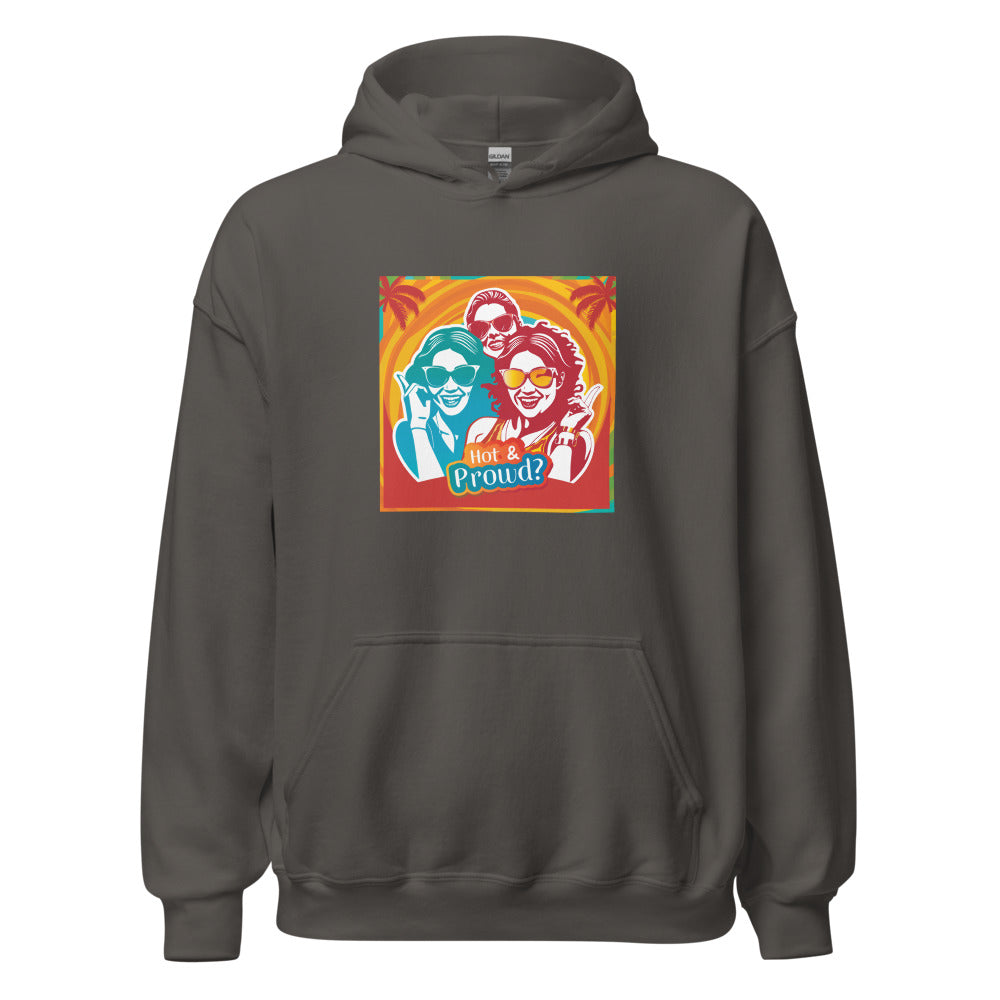 cartoon illustration of two playful queer women with sunglasses and a palm tree, branded 'Hot & Prowd' Hoodie front view — Wandering With Pride