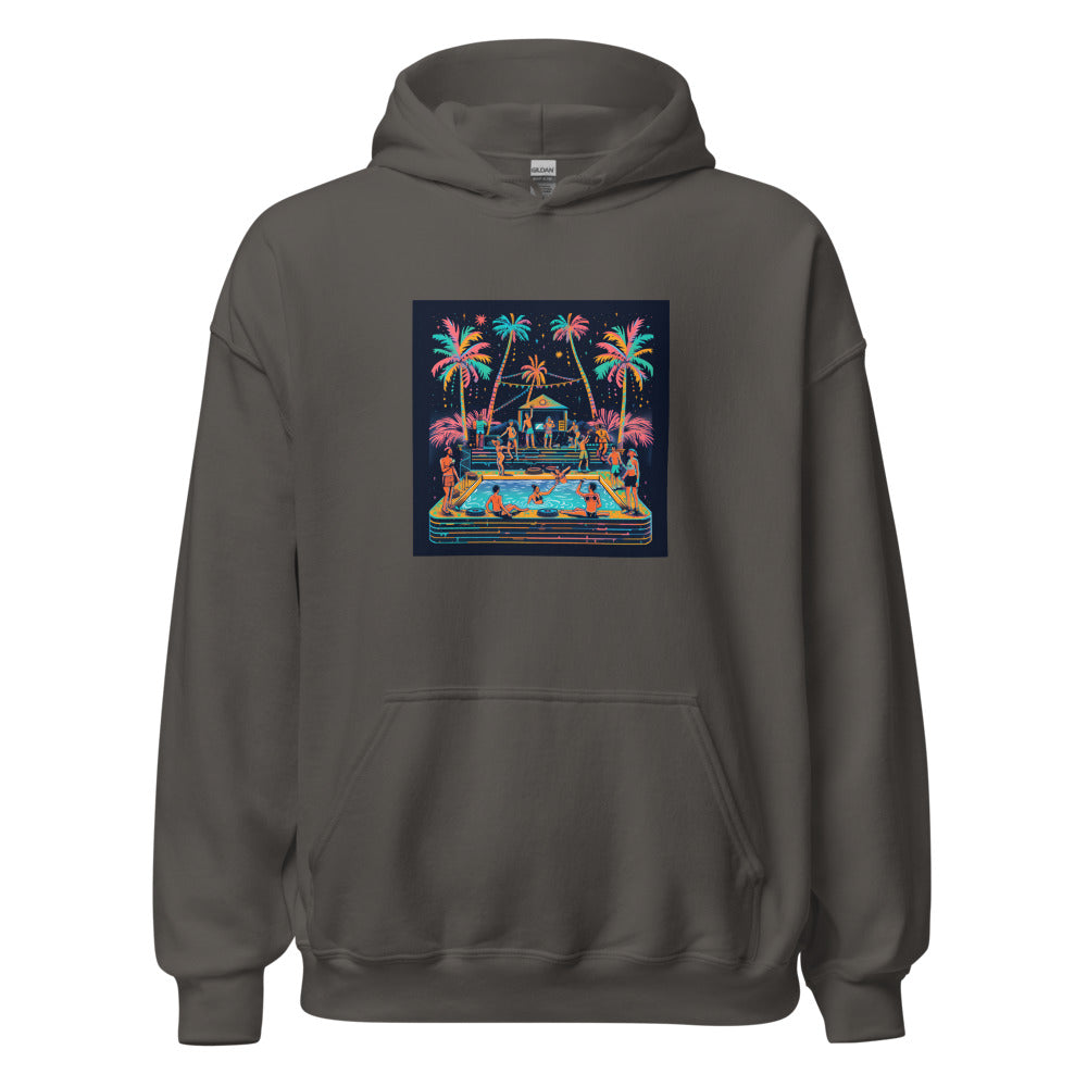 Tropical beach party illustration with vibrant colors and festival elements Hoodie front view — Wandering With Pride
