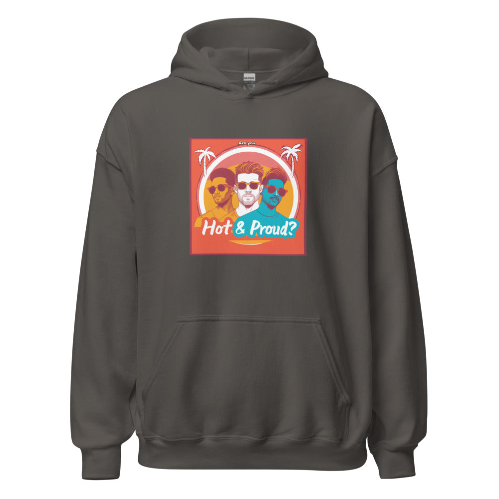 two queer men in sunglasses with tropical backdrop, 'Hot & Proud?' text Hoodie front view — Wandering With Pride
