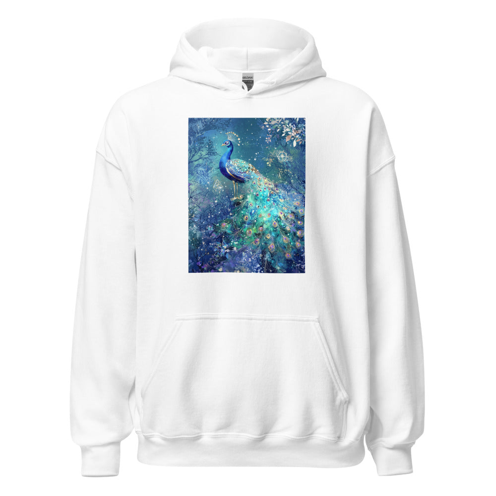 vibrant peacock illustration with glowing eyes and iridescent feathers Hoodie front view — Wandering With Pride