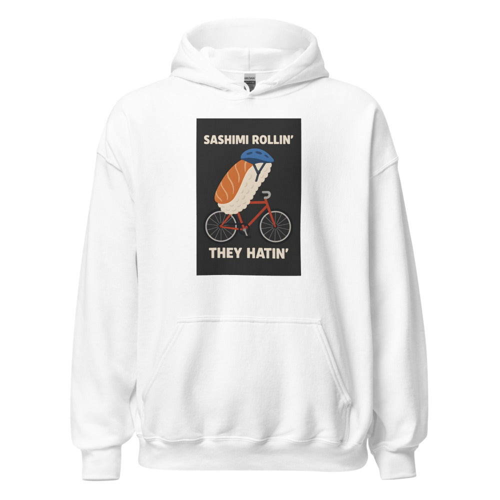 sashimi roll riding a bicycle illustration Hoodie front view — Wandering With Pride