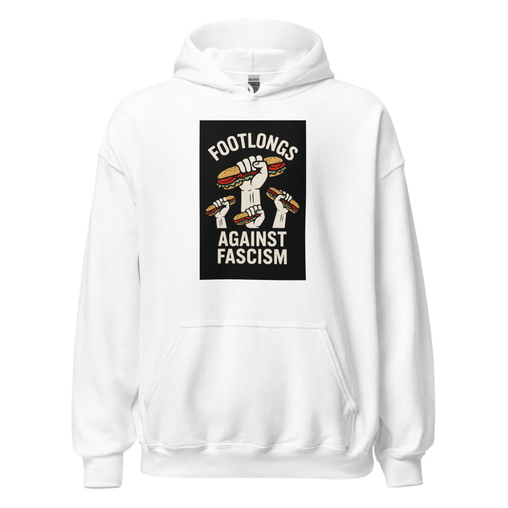 illustration of a white hand holding a giant sandwich with 'FOOTLINGS AGAINST FASCISM' text Hoodie front view — Wandering With Pride