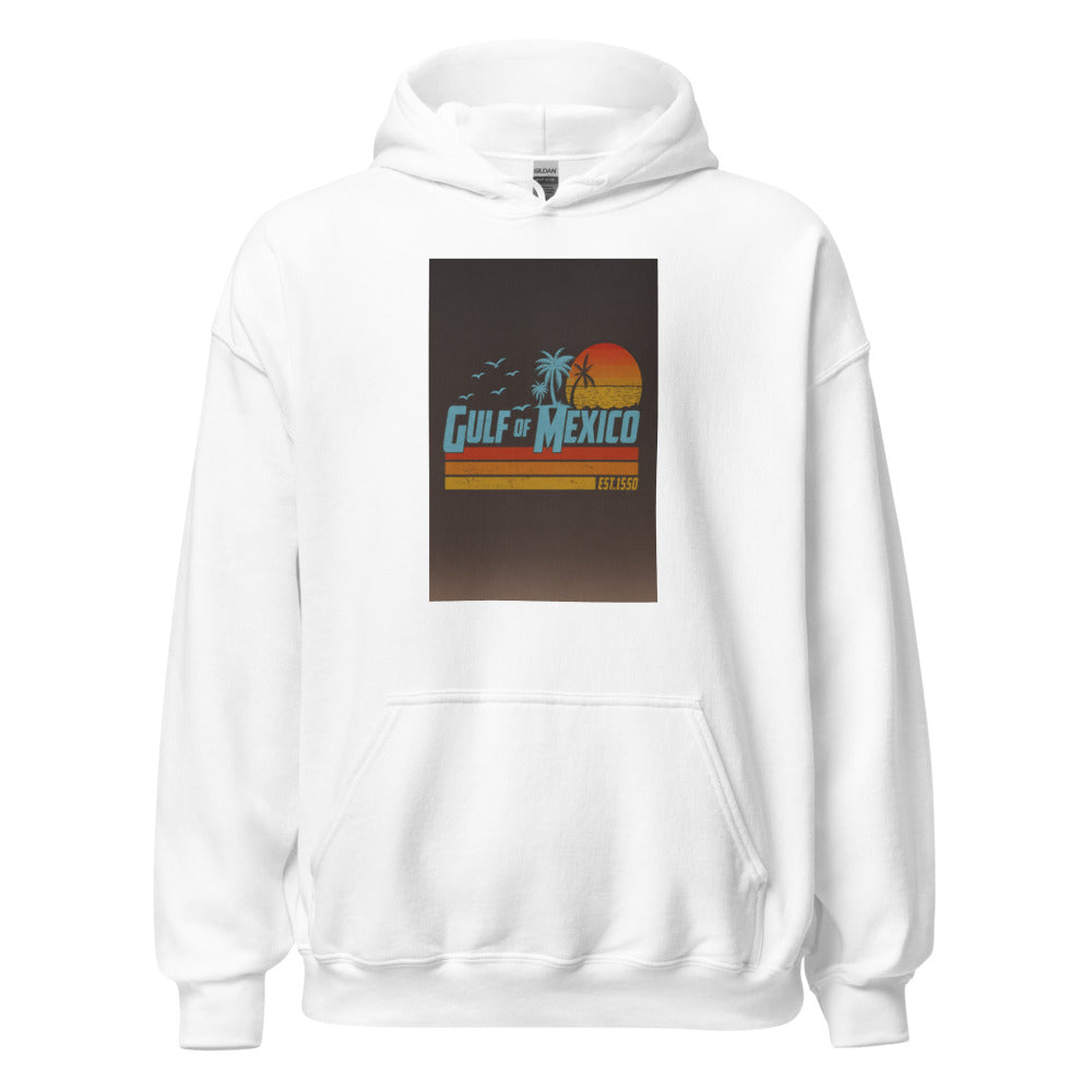 Gulf of Mexico illustrative logo with palm tree, sun, wave and floral border Hoodie front view — Wandering With Pride