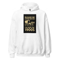 Vintage-style 'Please Be Patient With Me I'm From The 1900s' typography with horse-drawn carriage, telegram, and gas lamp symbols Hoodie front view — Wandering With Pride