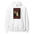 penguin holding sign saying 'Penguins Against Tariffs' with background penguin Hoodie front view — Wandering With Pride