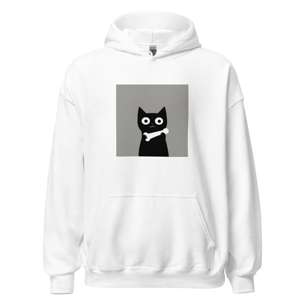 Black cat with a white bone around its neck Hoodie front view — Wandering With Pride