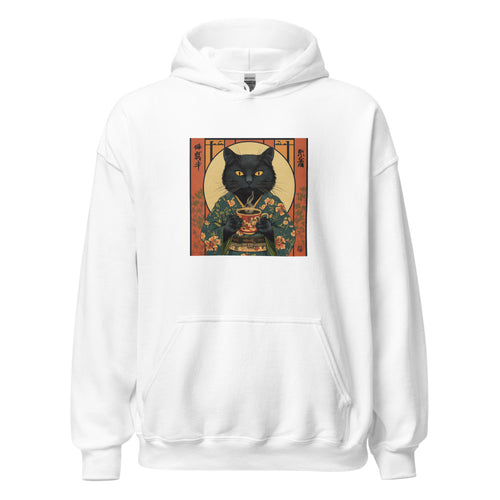cat in traditional Japanese kimono holding tea Hoodie front view — Wandering With Pride