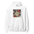 Cubist clock face with 'Demy, Defend' text and geometric shapes Hoodie front view — Wandering With Pride