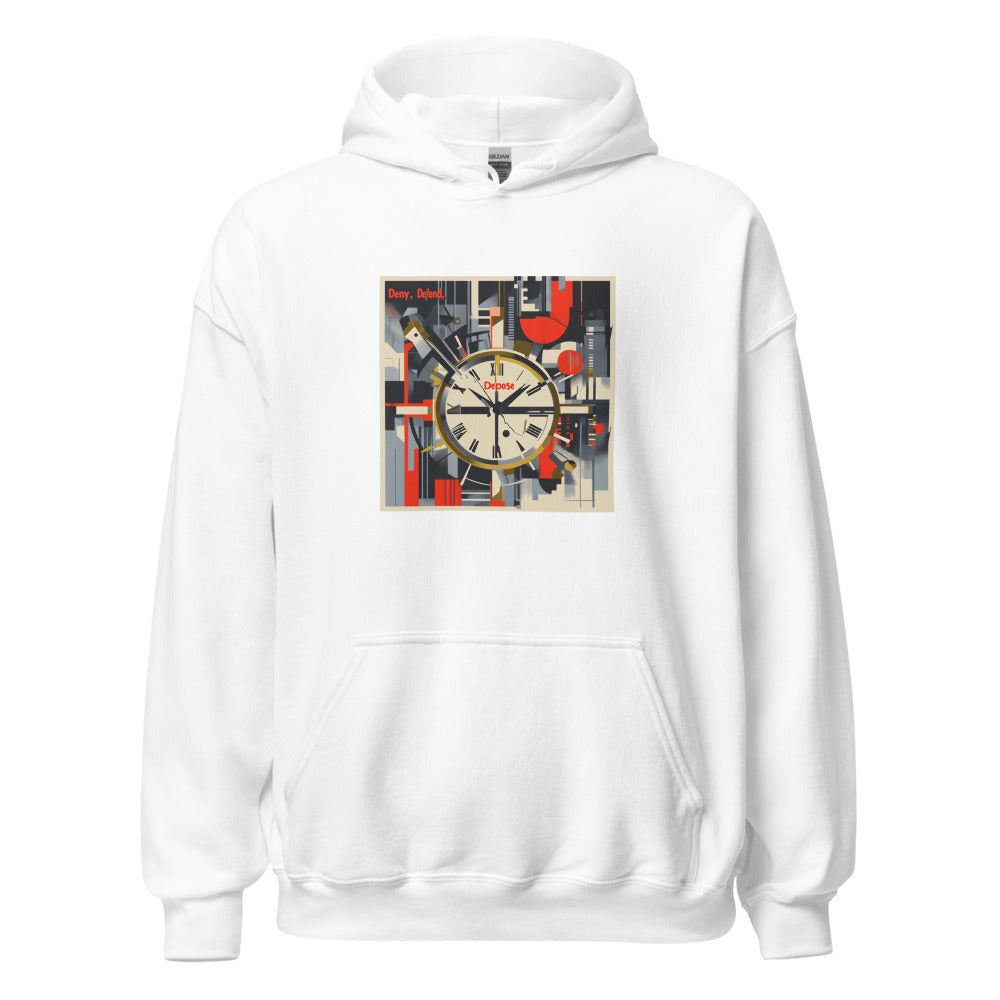 Cubist clock face with 'Demy, Defend' text and geometric shapes Hoodie front view — Wandering With Pride