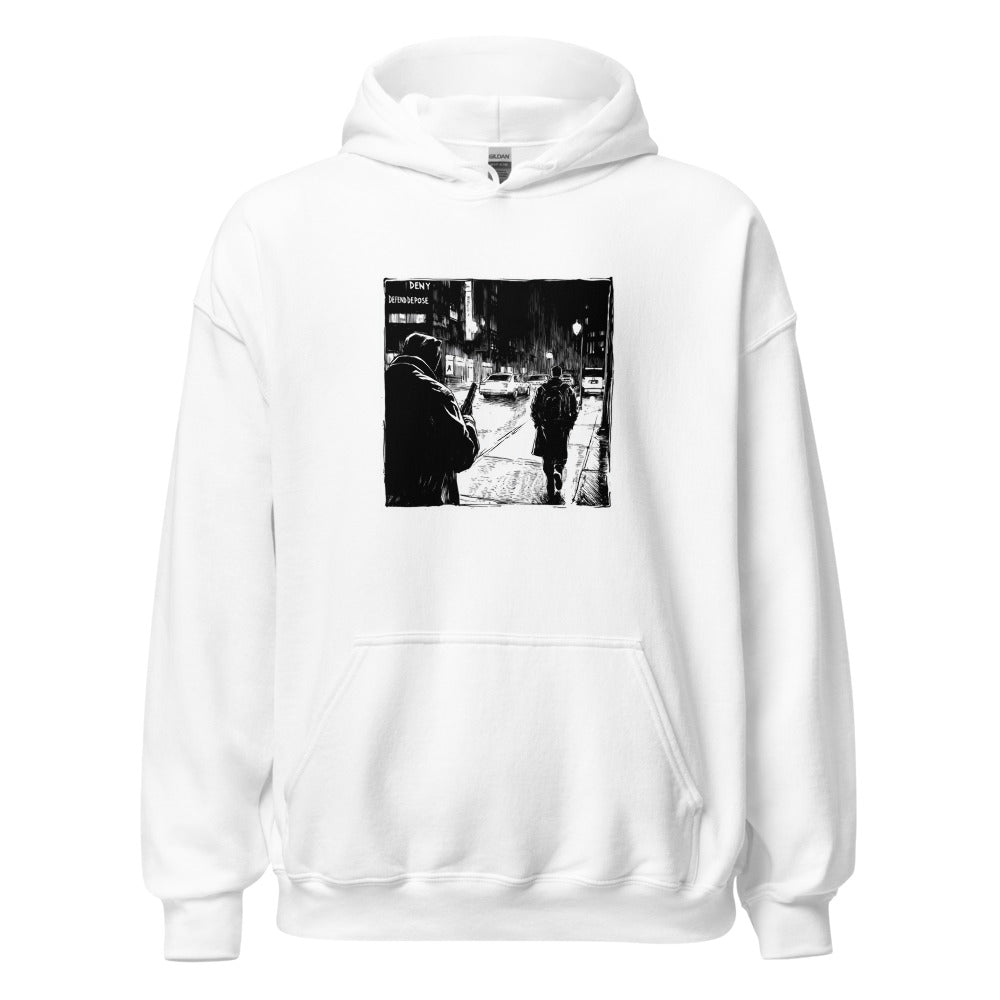 black-and-white nocturnal city street illustration with two figures walking away Hoodie front view — Wandering With Pride