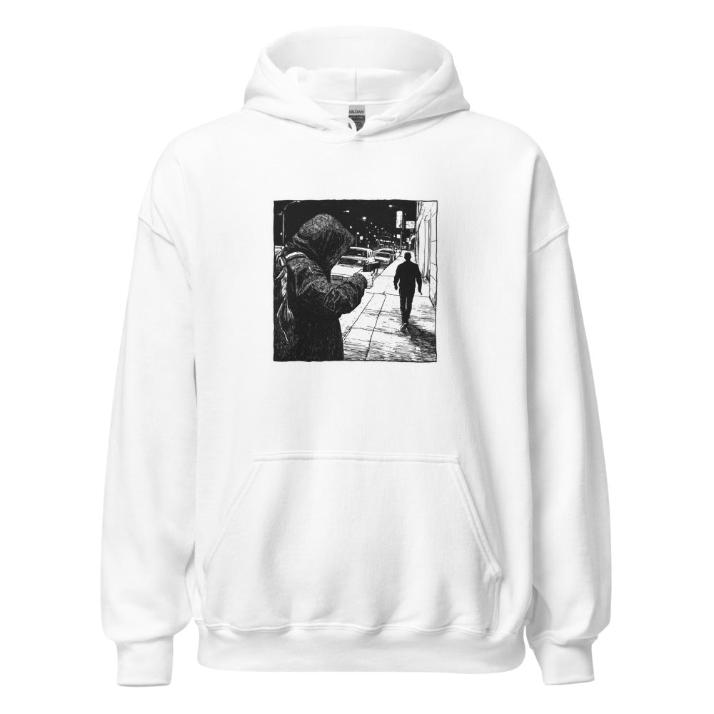 black and white hand-drawn illustration of a figure aiming a gun at someone walking away Hoodie front view — Wandering With Pride