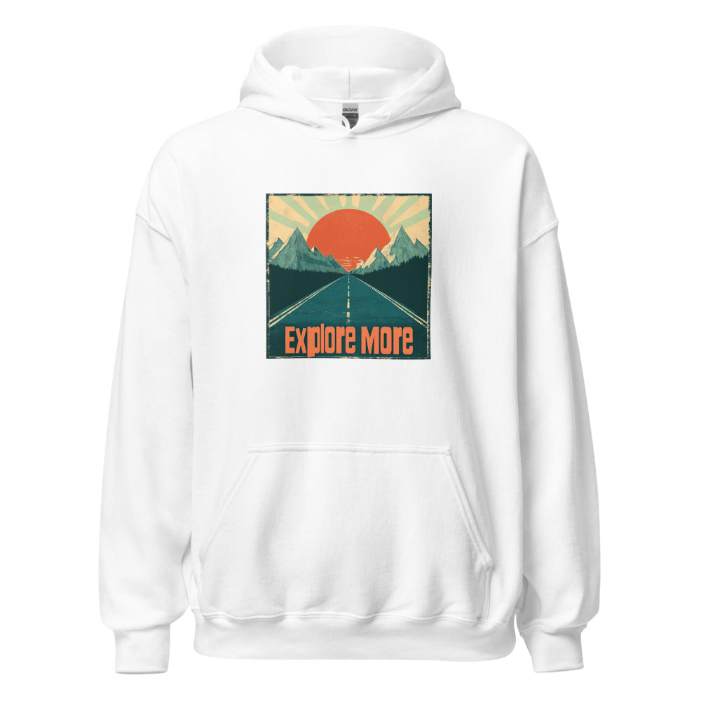 road to mountain range at sunset illustration with 'Explore More' text Hoodie front view — Wandering With Pride