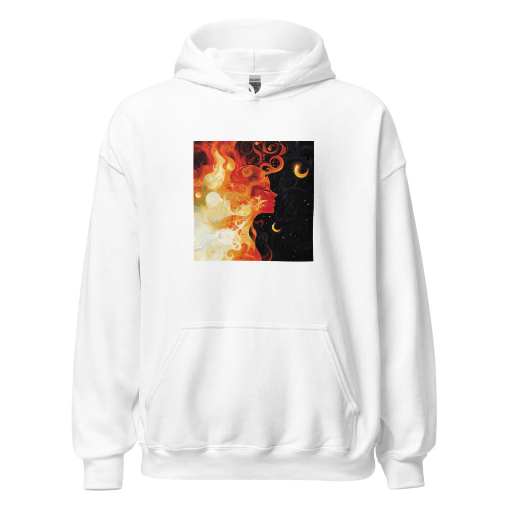 woman's profile surrounded by swirling flames and crescent moon Hoodie front view — Wandering With Pride