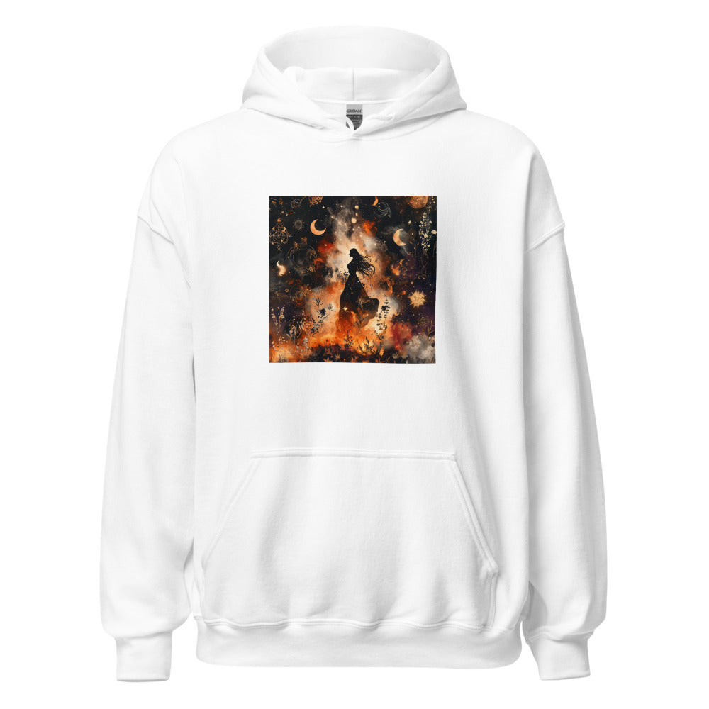 Woman in fiery flowing gown surrounded by apocalyptic flames Hoodie front view — Wandering With Pride