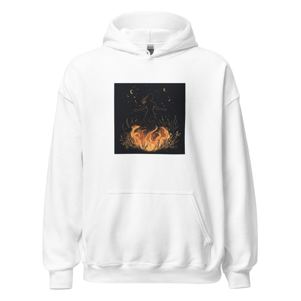 woman surrounded by flames illustration Hoodie front view — Wandering With Pride