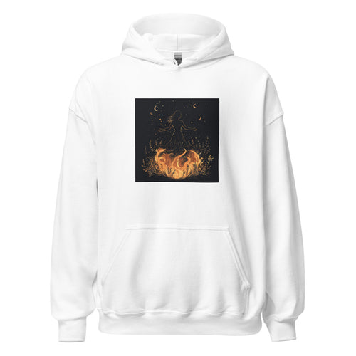 woman surrounded by flames illustration Hoodie front view — Wandering With Pride