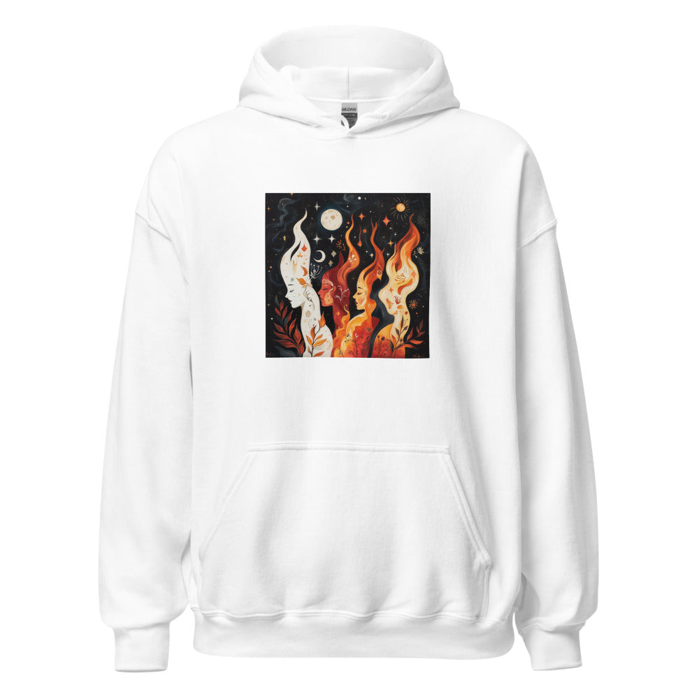 three faceless women connected by colorful hair, surrounded by leaves, flowers, and stars Hoodie front view — Wandering With Pride
