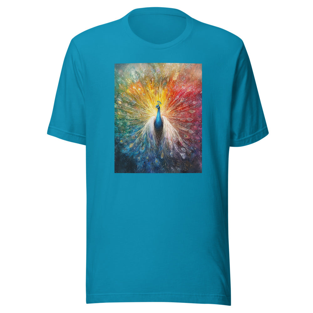 iridescent peacock illustration with spread tail feathers Tee front view — Wandering With Pride