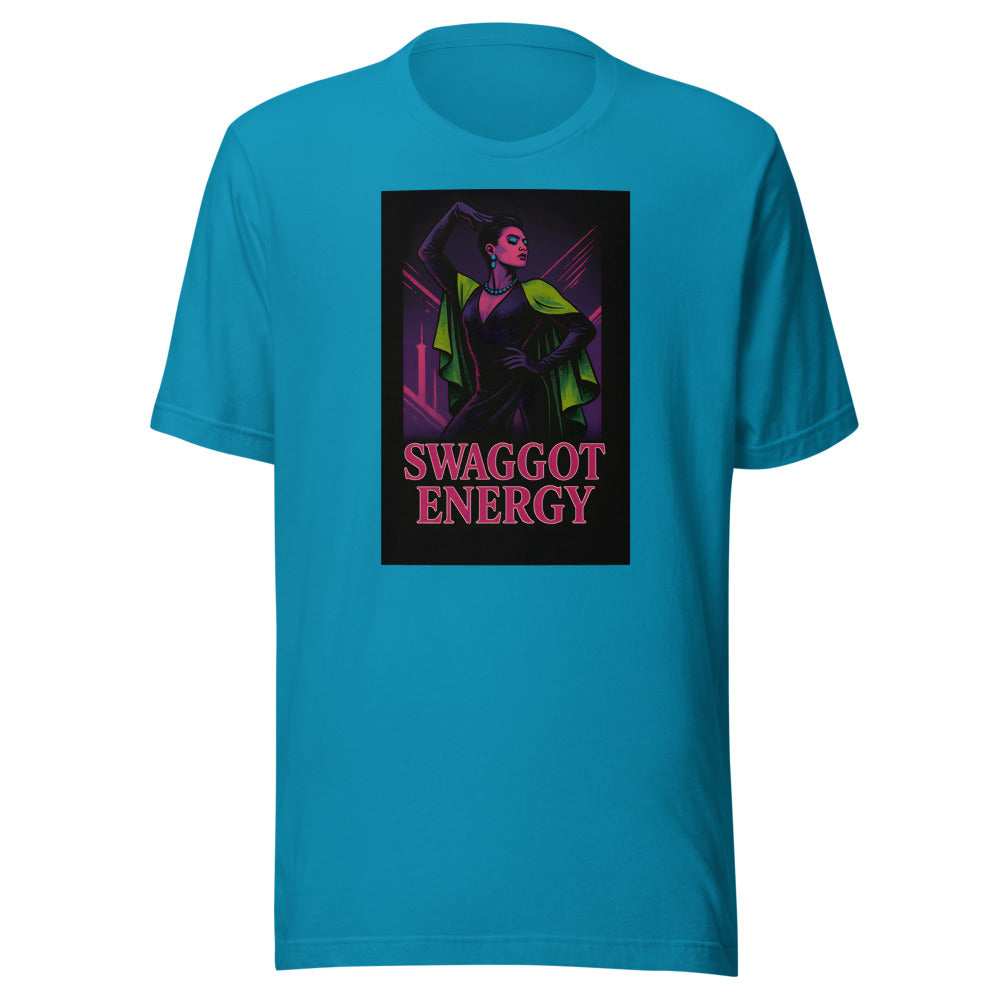 Portrait of a confident queer woman with athletic build, surrounded by vibrant pink, green, and blue bursts, with text 'SWAGGOT ENERGY' Tee front view — Wandering With Pride