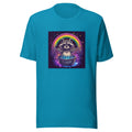 Raccoon in a pot surrounded by rainbow and stars illustration Tee front view — Wandering With Pride