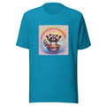 cartoon raccoon emerging from pot of gold with rainbow above Tee front view — Wandering With Pride