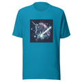 unicorn's head with a sword through its body, metallic-crystalline style Tee front view — Wandering With Pride