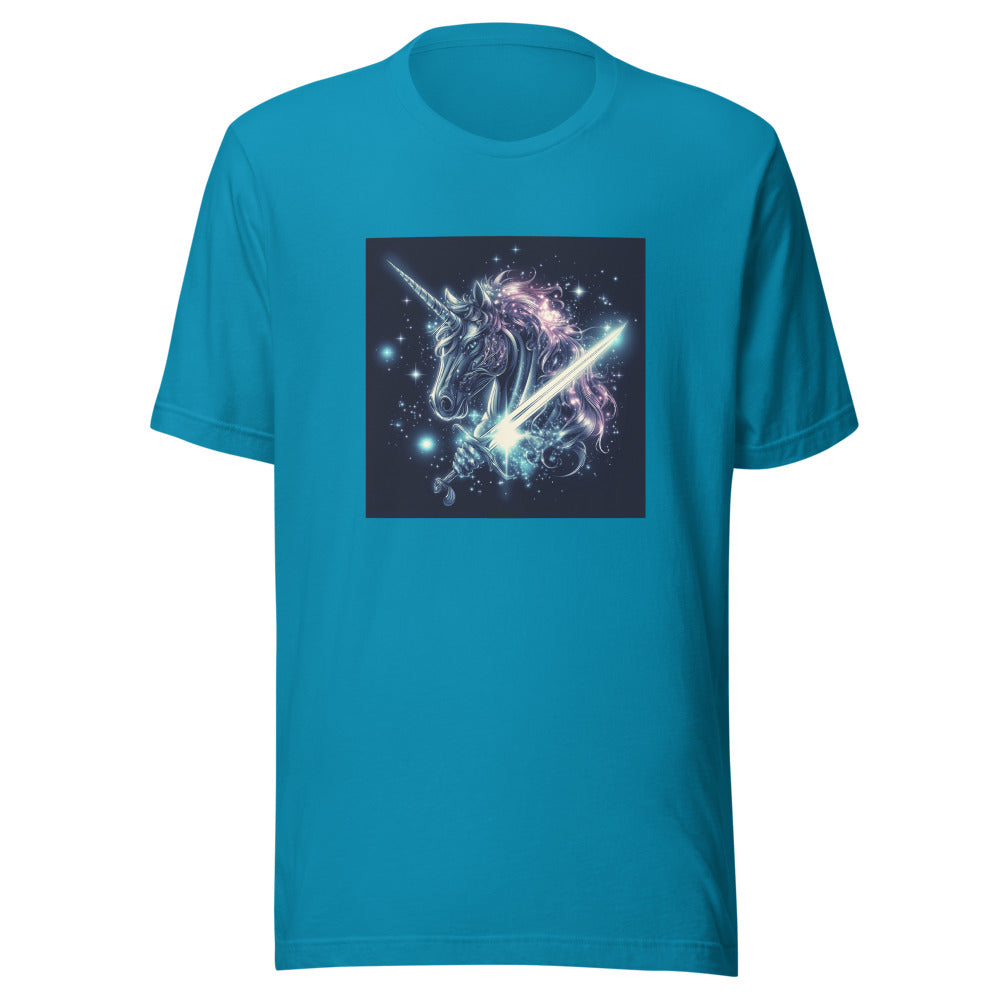 unicorn's head with a sword through its body, metallic-crystalline style Tee front view — Wandering With Pride