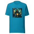 skeleton figure with glowing core and floating golden cubes illustration Tee front view — Wandering With Pride