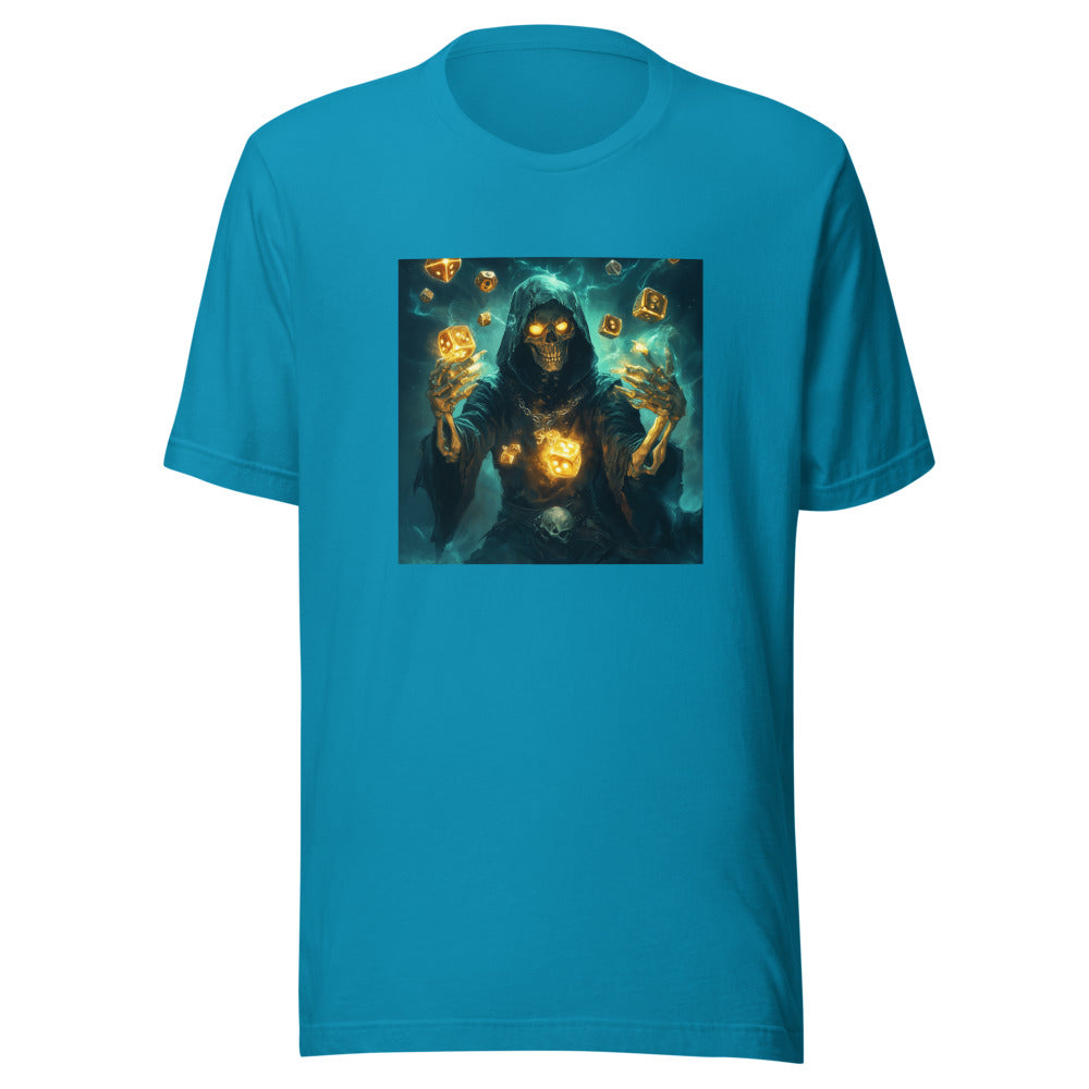 skeleton figure with glowing core and floating golden cubes illustration Tee front view — Wandering With Pride