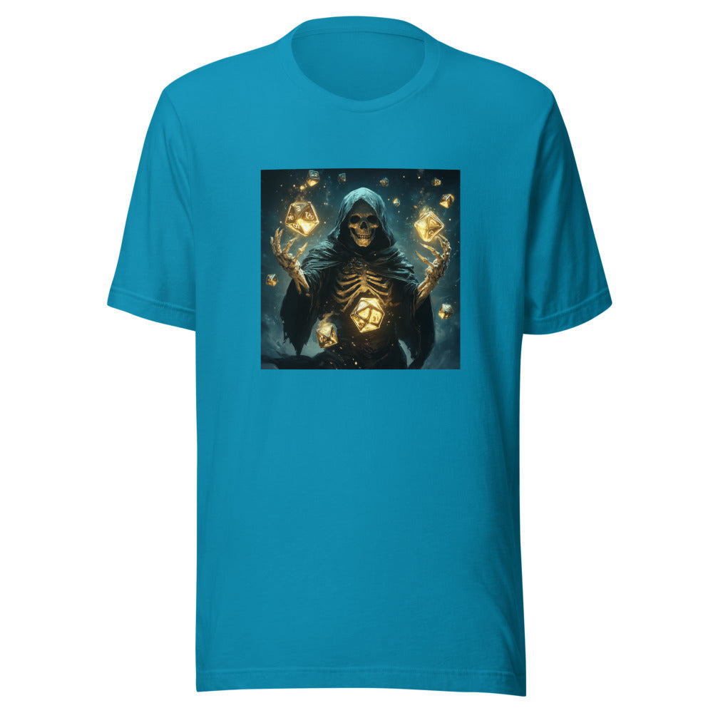 skeleton holding two dice in a mystical dark atmosphere Tee front view — Wandering With Pride