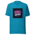 World's Gayest Employee typography Tee front view — Wandering With Pride