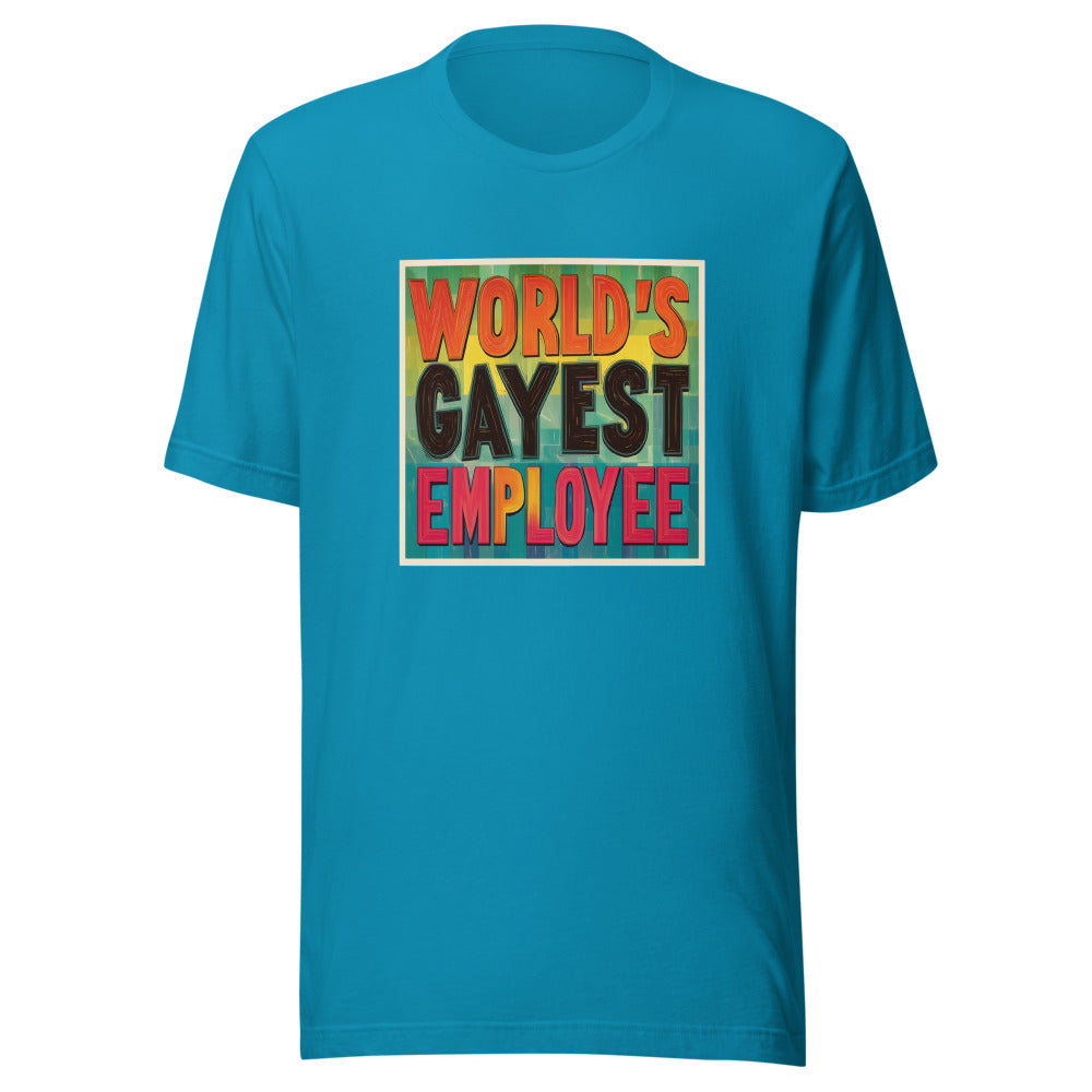 WORLD'S GAYEST EMPLOYEE typography Tee front view — Wandering With Pride