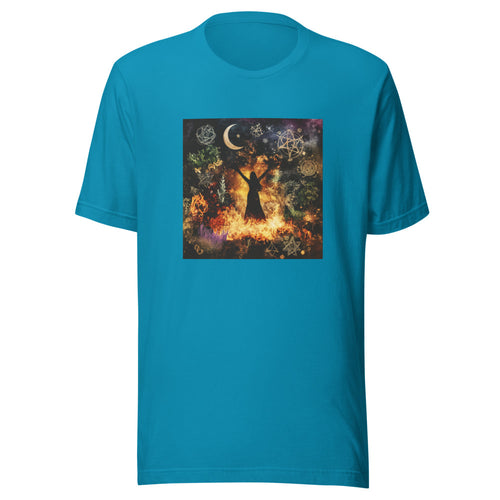 woman surrounded by flames illustration Tee front view — Wandering With Pride