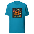 cartoon illustration of ghost, cat, broom, pumpkin, and Halloween elements with text 'Amok, amok!' Tee front view — Wandering With Pride