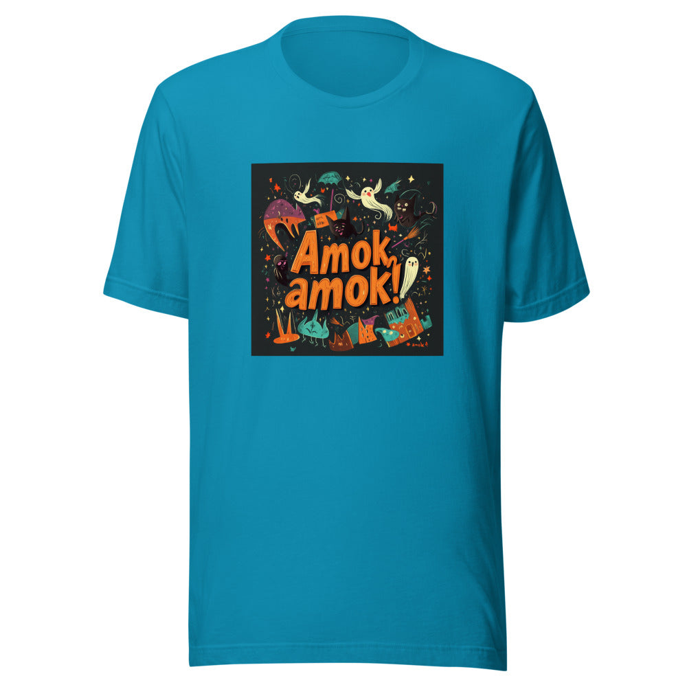 cartoon illustration of ghost, cat, broom, pumpkin, and Halloween elements with text 'Amok, amok!' Tee front view — Wandering With Pride