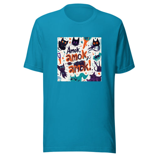 cat pattern with 'Amok, amok, amok!' text Tee front view — Wandering With Pride