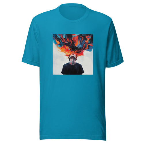 person with head on fire illustration Tee front view — Wandering With Pride