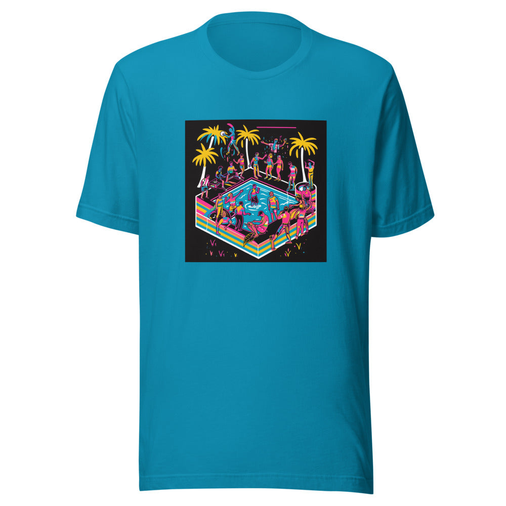neon-style illustration of queer people relaxing at a pool Tee front view — Wandering With Pride