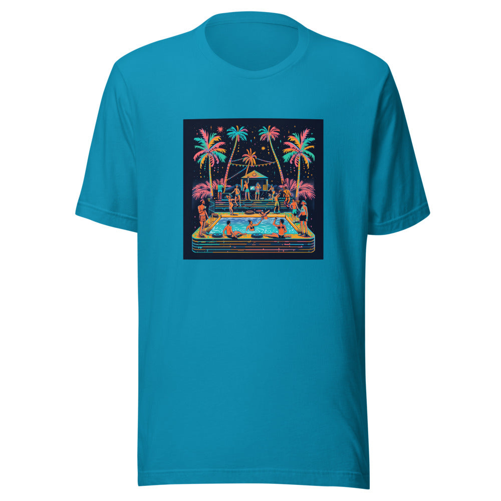 Tropical beach party illustration with vibrant colors and festival elements Tee front view — Wandering With Pride