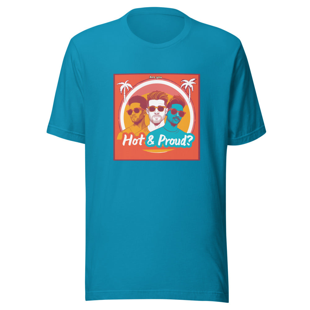 two queer men in sunglasses with tropical backdrop, 'Hot & Proud?' text Tee front view — Wandering With Pride