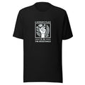 Raised fist with leaves/flowers and 'A woman's place is in the resistance' typography Tee front view — Wandering With Pride