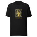 Raised fist with flowers and text 'A Woman's Place is in the Resistance' Tee front view — Wandering With Pride