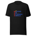 MORONS ARE GOVERNING AMERICA typography Tee front view — Wandering With Pride