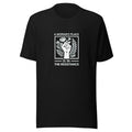raised fist with flower and 'A WOMAN'S PLACE IS IN THE RESISTANCE' text Tee front view — Wandering With Pride
